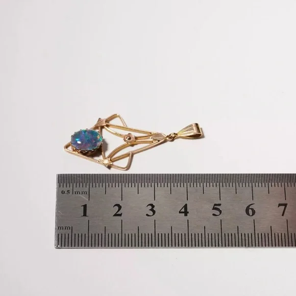 Antique Art Nouveau Australian Opal Triplet Lavaliere Pendant 9K Gold - Picture 13 of 15